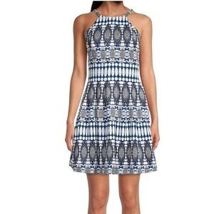 Vince Camuto Blue White Print Halter Neck Sleeveless Dress‎ Size 4 Fit Flare